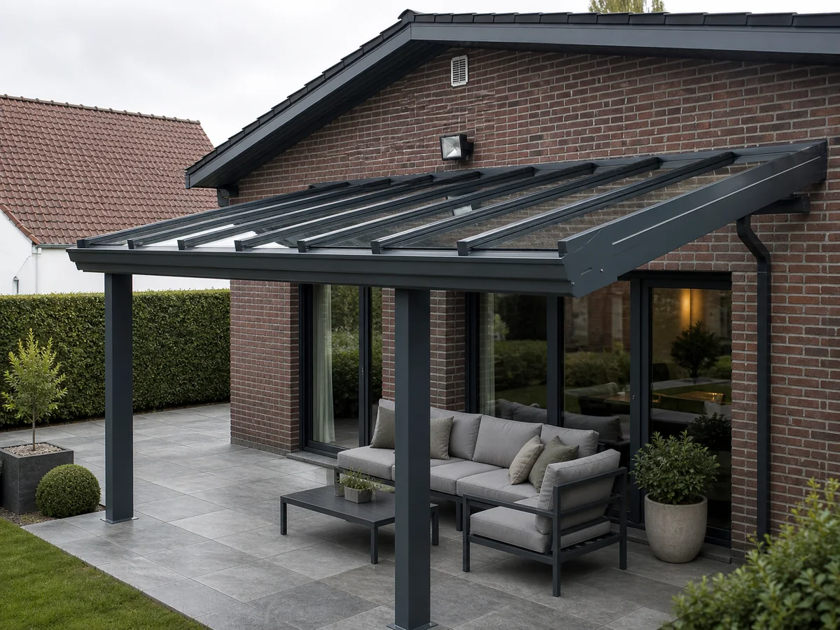 Antraciet aluminium terrasoverkapping met glazen dak