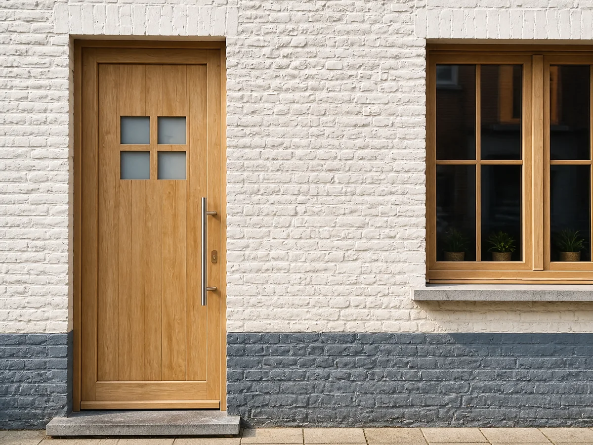 Natuurlijke houten voordeur in een lichte bakstenen gevel