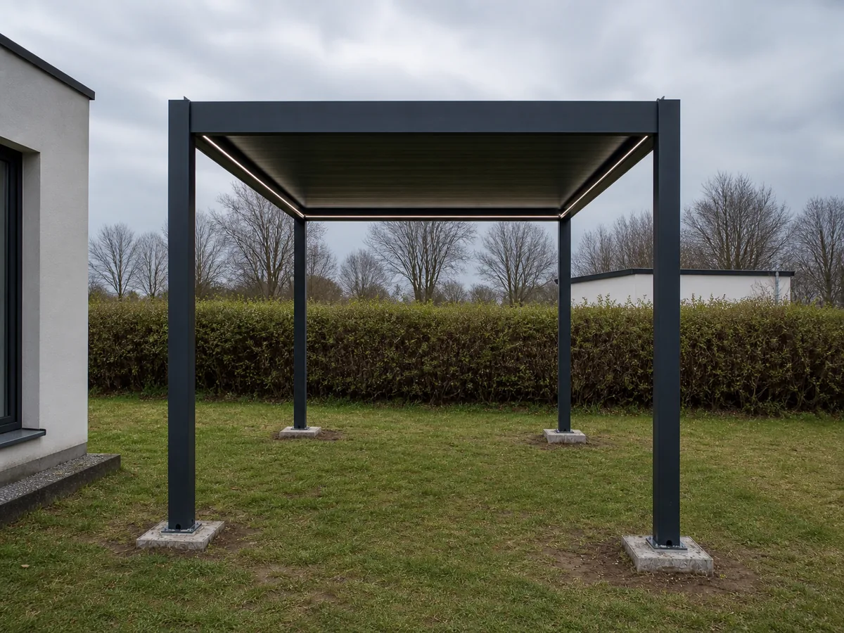 Toit à persiennes autoportant en aluminium foncé avec éclairage linéaire intégré