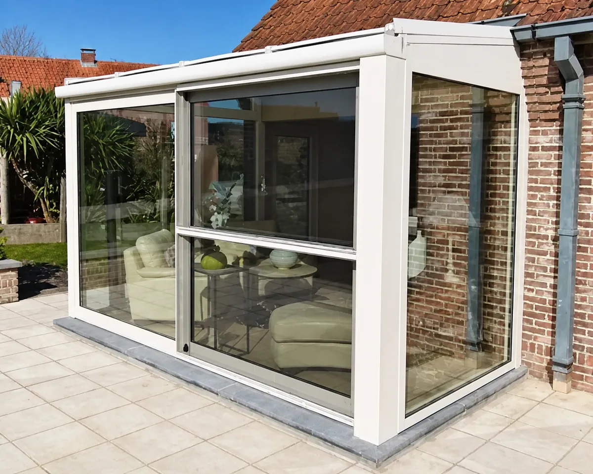 Aluminum veranda that connects the house and garden