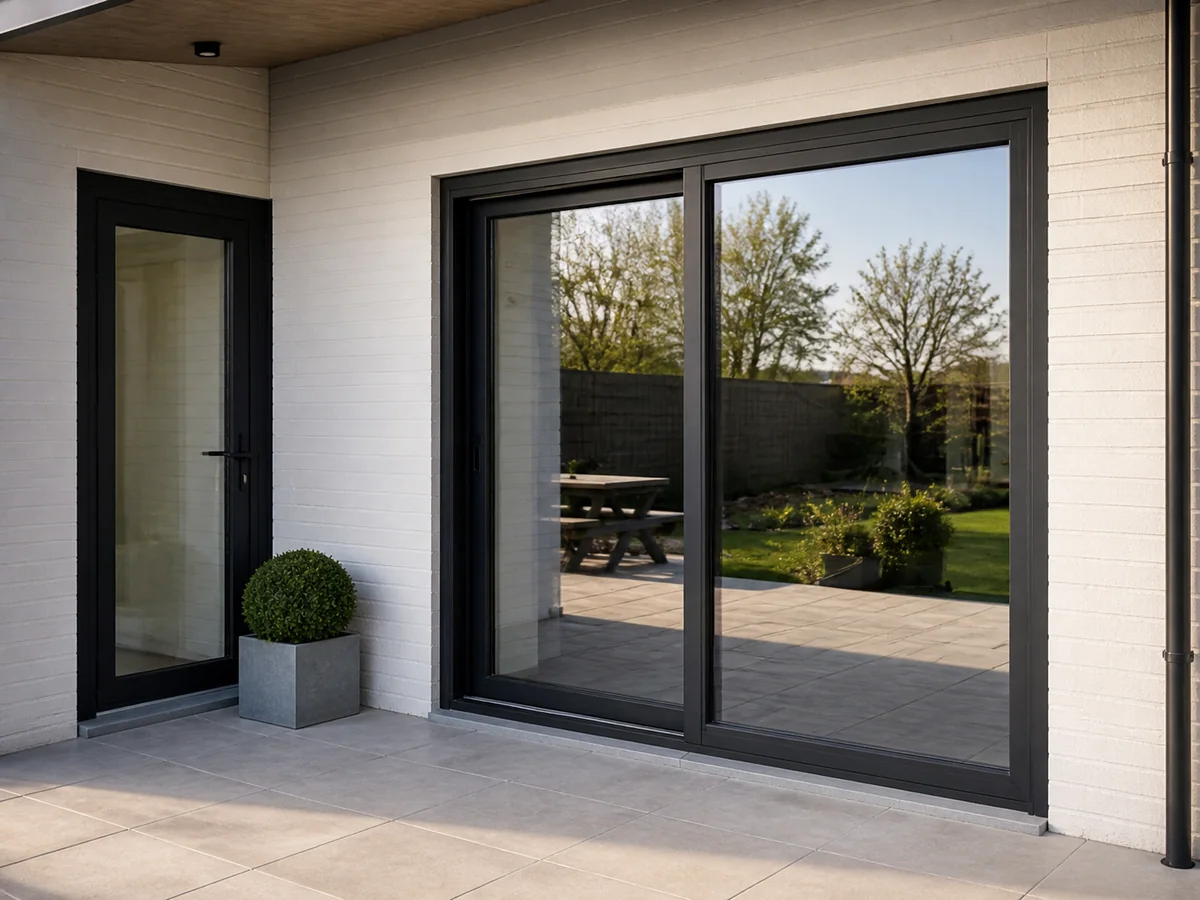 Buitenzicht op een aluminium schuifraam aan een terras