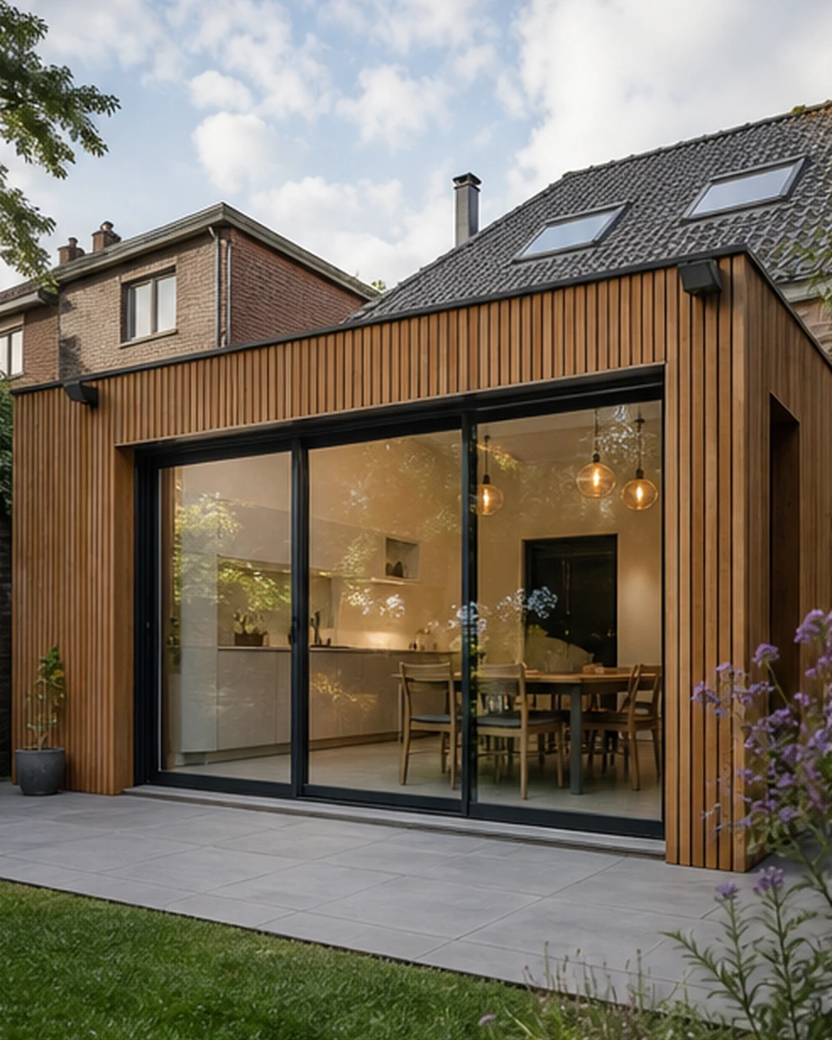 Wood-clad extension with large aluminum sliding doors