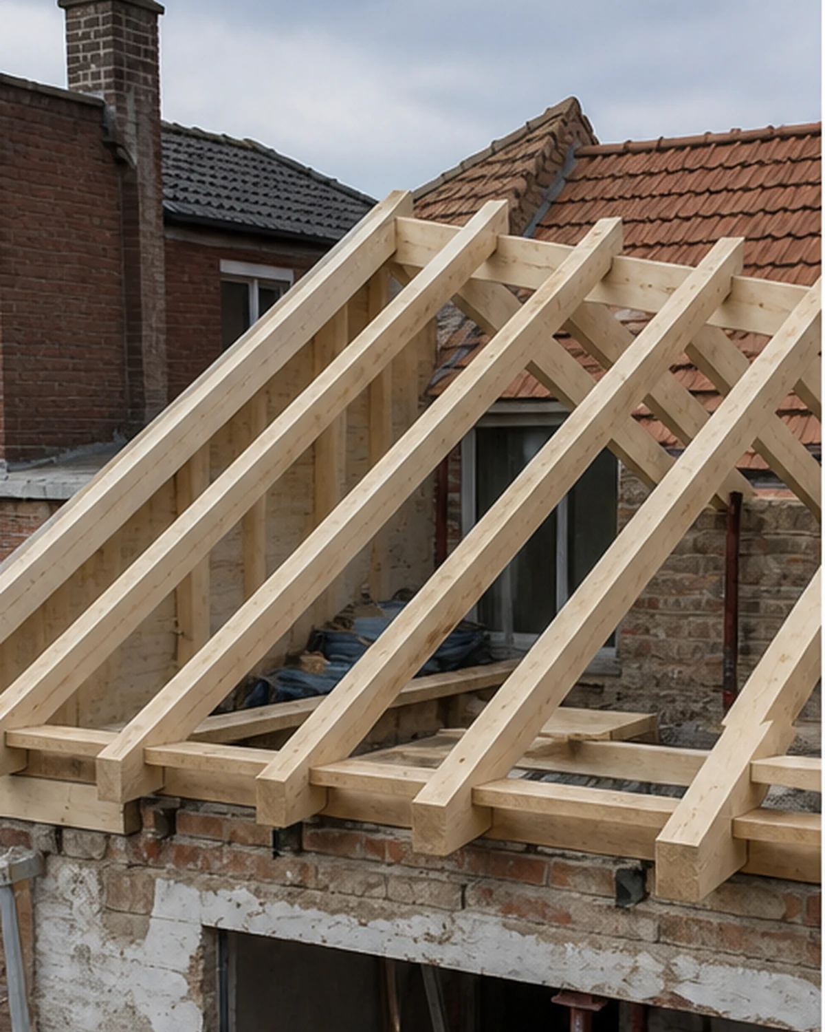 New wooden rafters above an existing extension