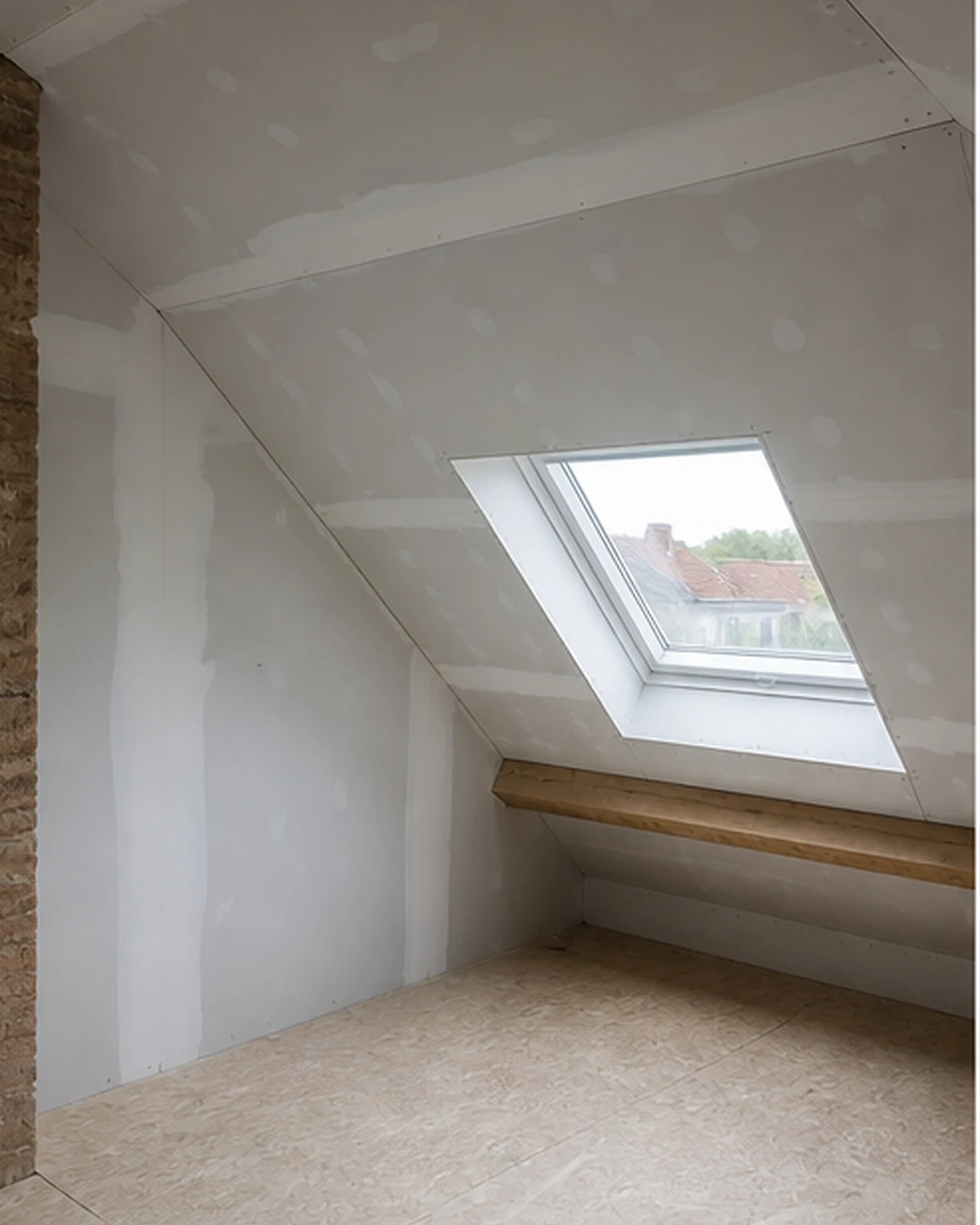 Gyproc interior finishing of a renovated roof construction with skylight
