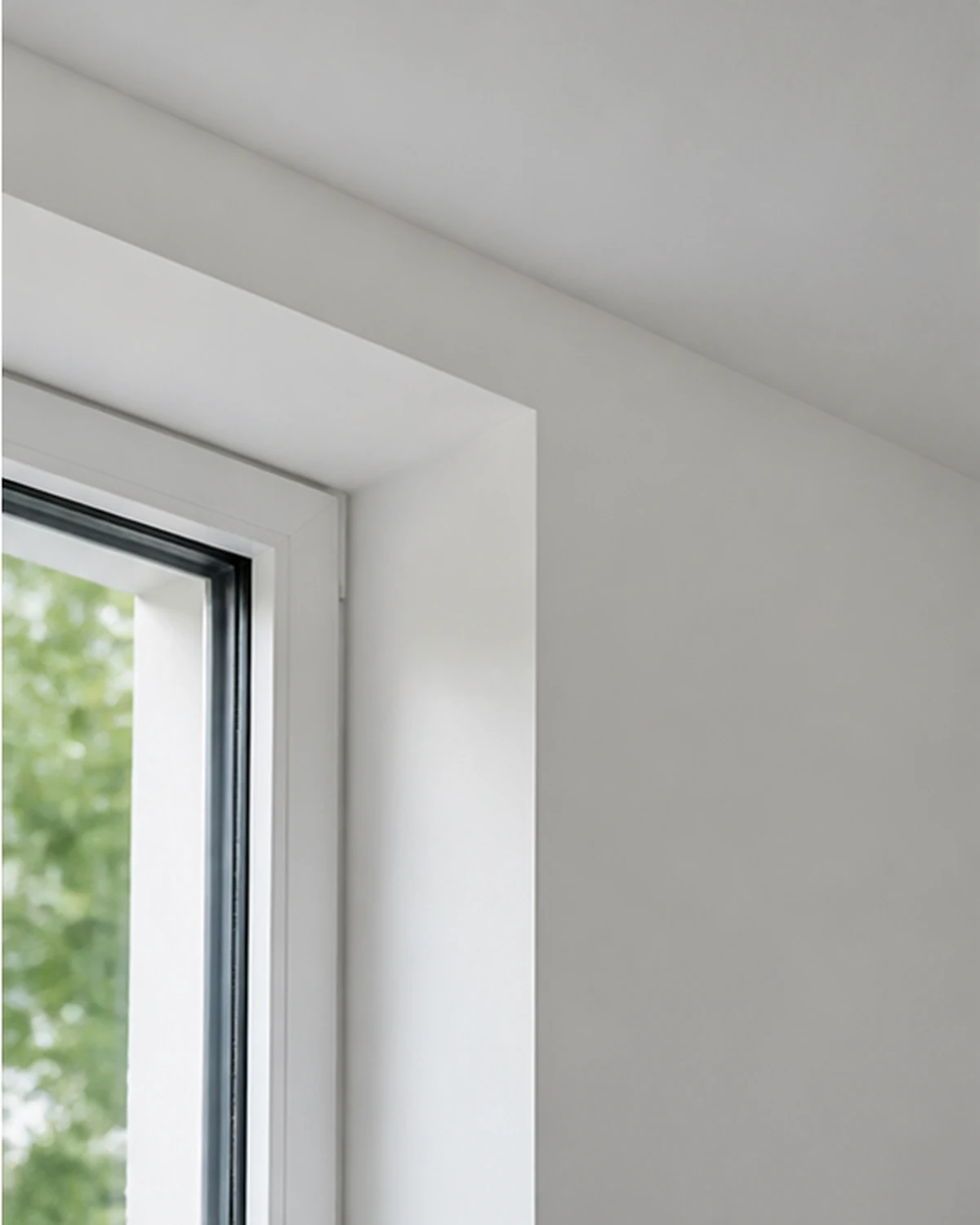 Completely ready to paint white window reveal and ceiling finish