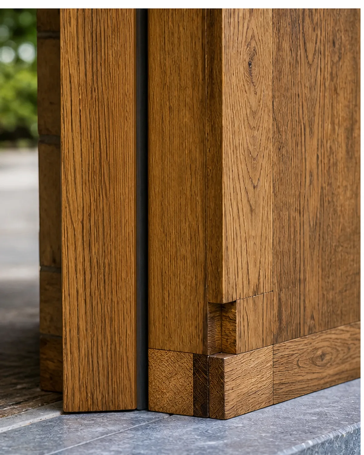Detail van houten deurverbinding met verborgen scharnier en zichtbare nerf