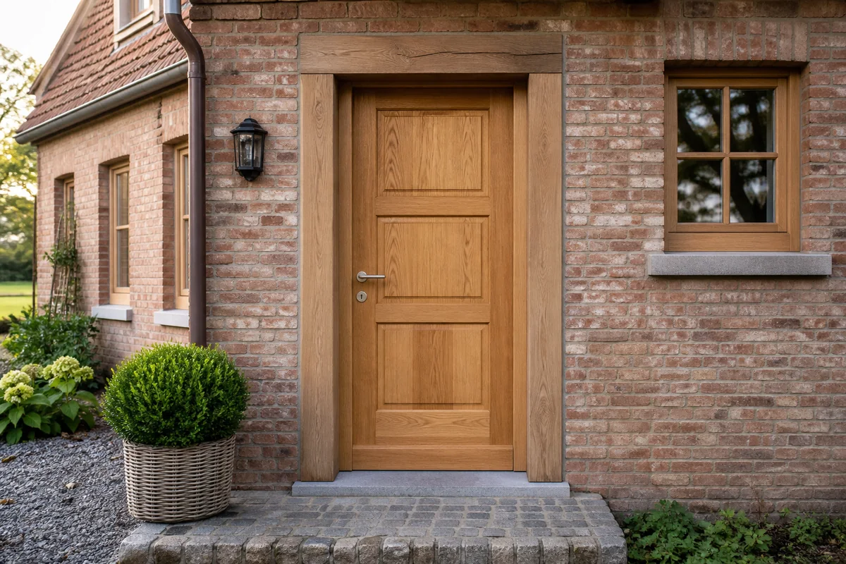 Massief houten voordeur met zichtbare nerf in een bakstenen woning