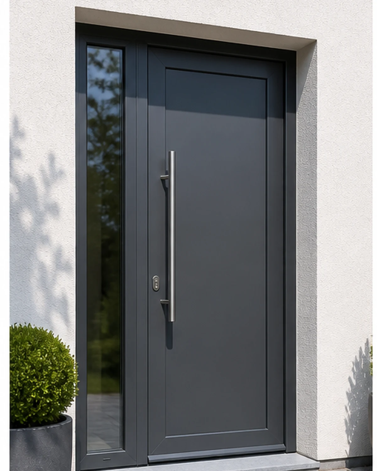 Moderne donkere PVC voordeur met dik gelast profiel