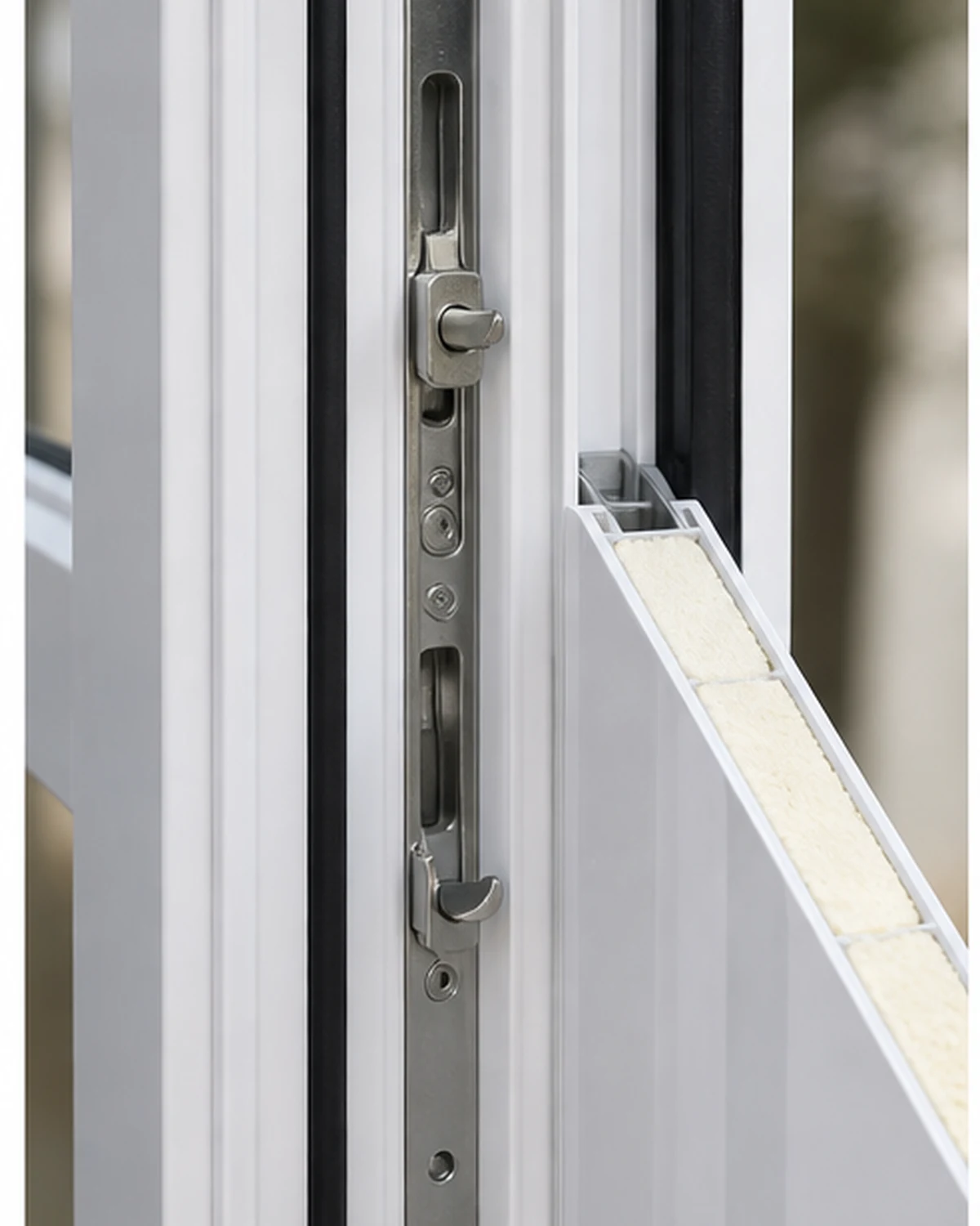 Detail van PVC deurkader, meerpuntssluiting en dichtingen