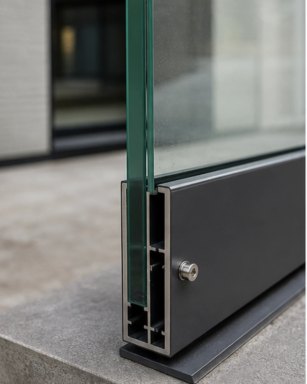 Detail van gelaagd glas, aluminium profiel en veilige bevestiging