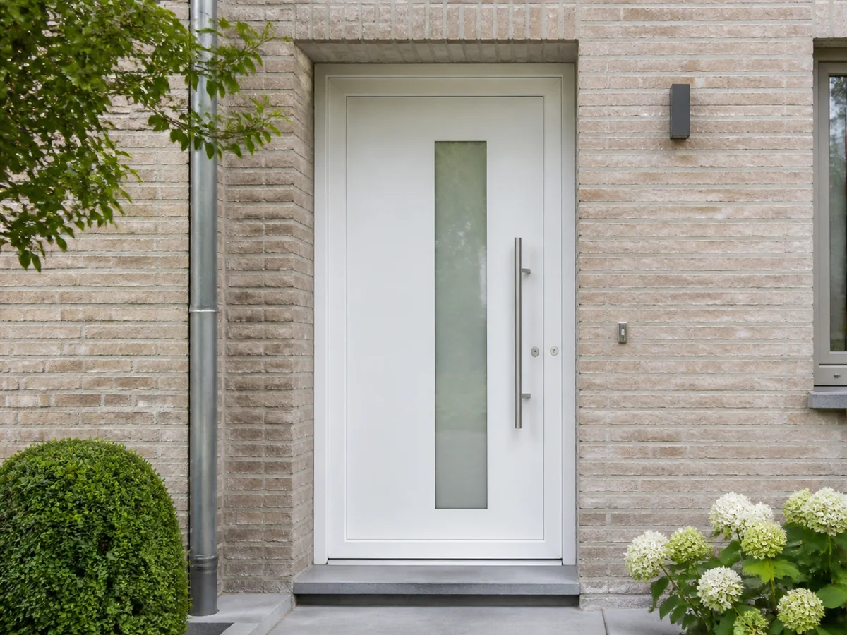 Witte PVC voordeur met smalle matte glasstrook