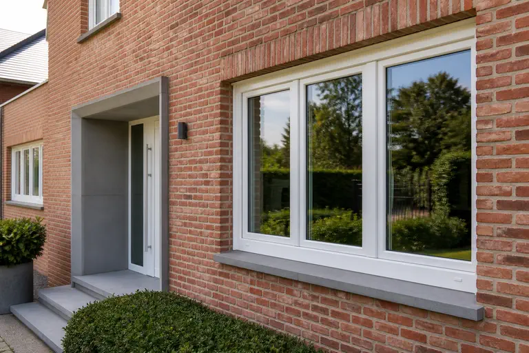 Witte PVC ramen op maat in een Belgische baksteengevel