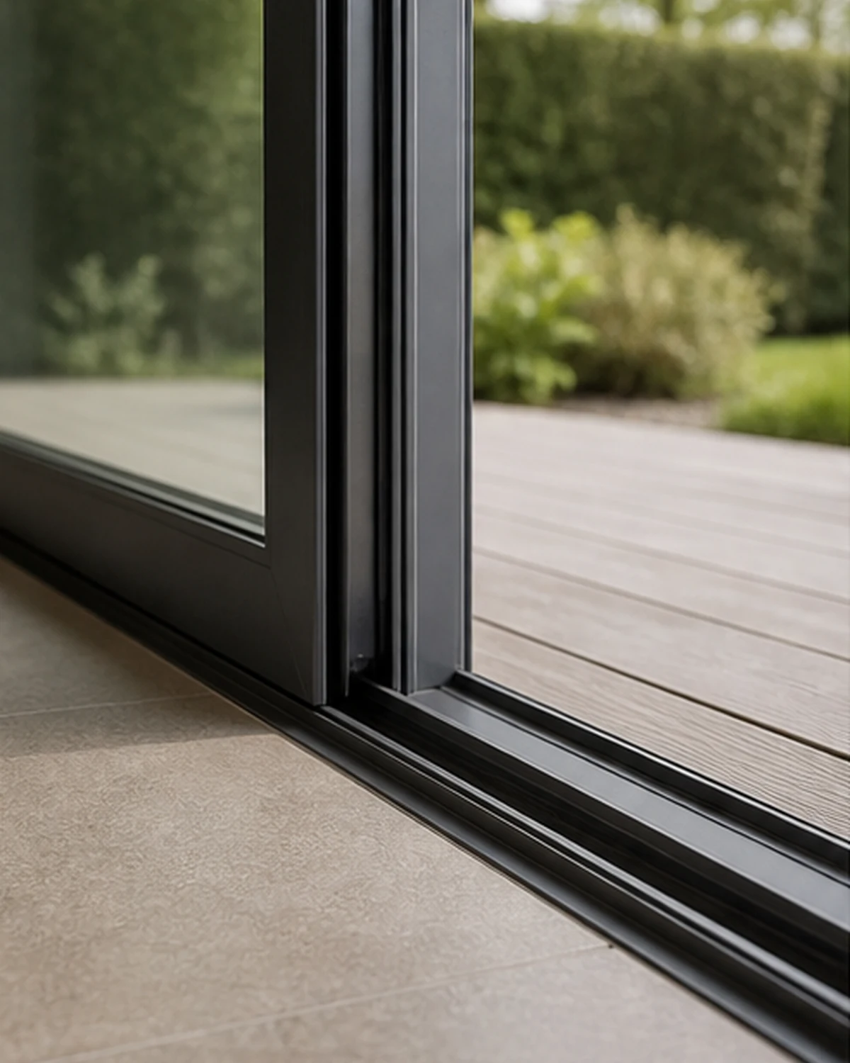 Detail van lage aluminium drempel, rail en profiel