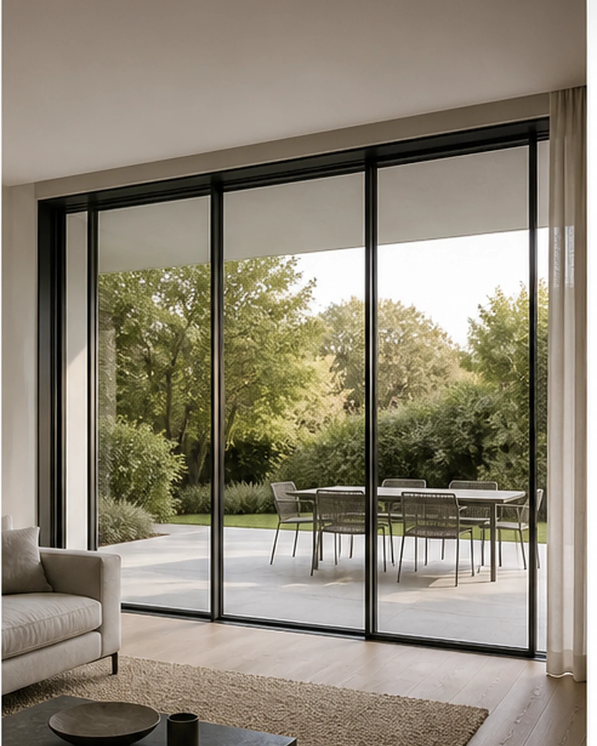 Vierdelige aluminium glaswand tussen leefruimte en terras