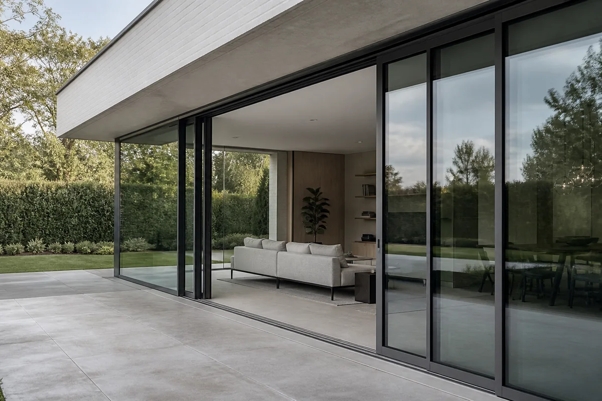 Minimalistisch aluminium schuifsysteem met drie grote glasdelen