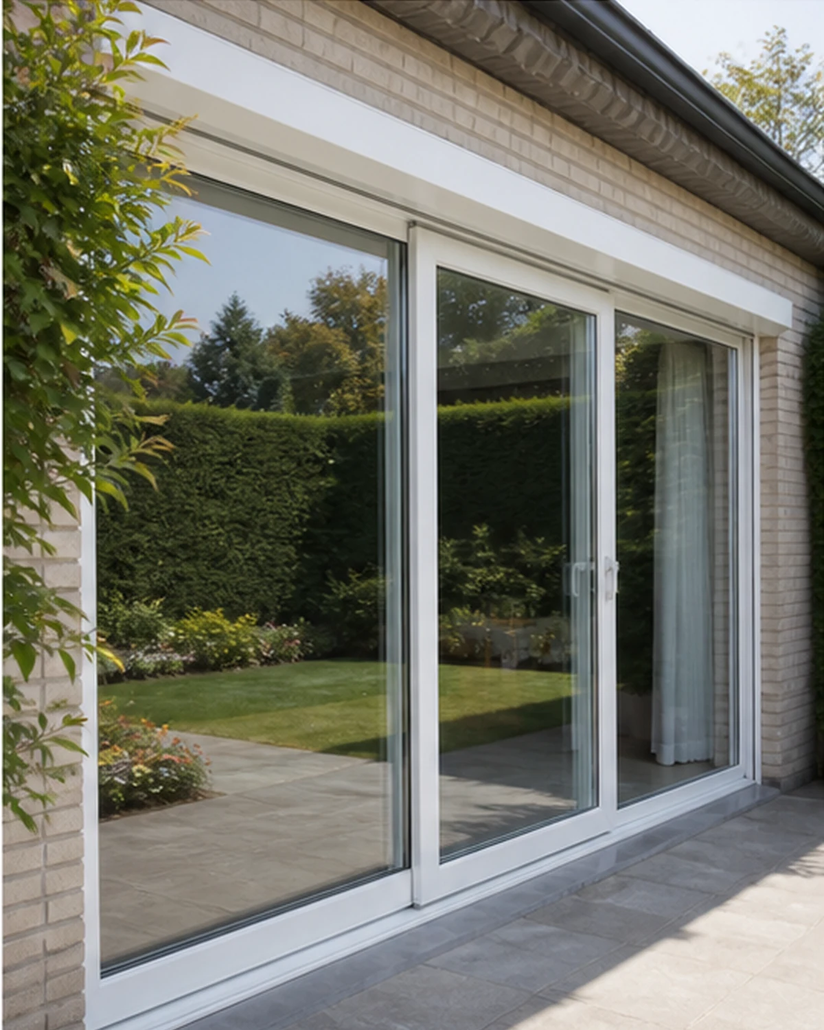 Witte PVC schuifdeur die een woning met de tuin verbindt