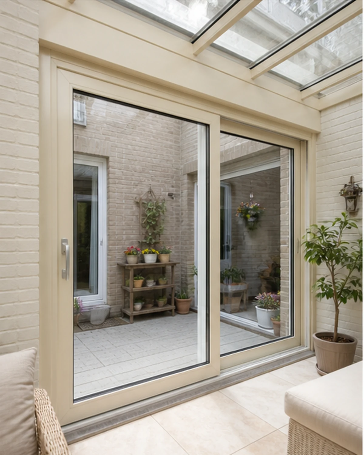 Crèmekleurig PVC schuifraam in een lichte renovatie