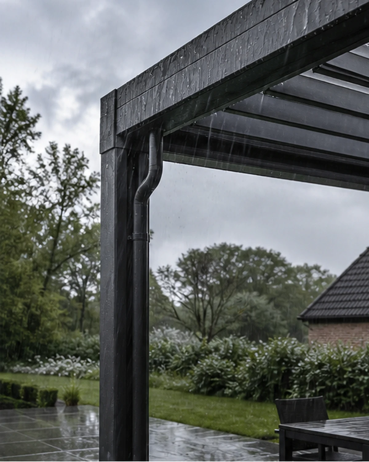 Slatted roof during rain with integrated water drainage