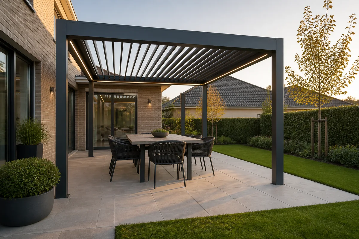 Antraciete pergola met verstelbaar aluminium lamellendak uit voorraad