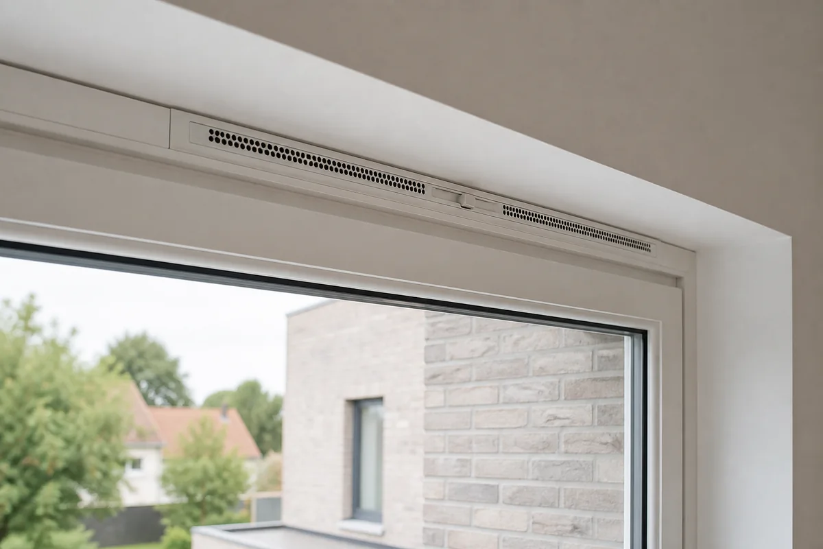 Ventilation grille integrated at the top of a window frame